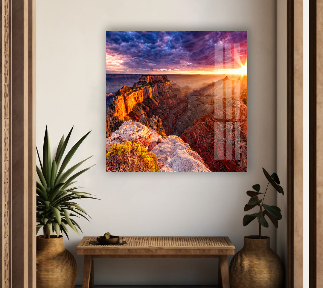 Grand Canyon Golden Sunset Glass Wall Art glass art painting, glass art for the Wall