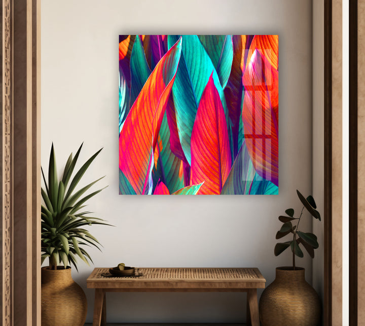 Colorful Leaf Abstract Glass Wall Art custom glass pictures, glass art prints
