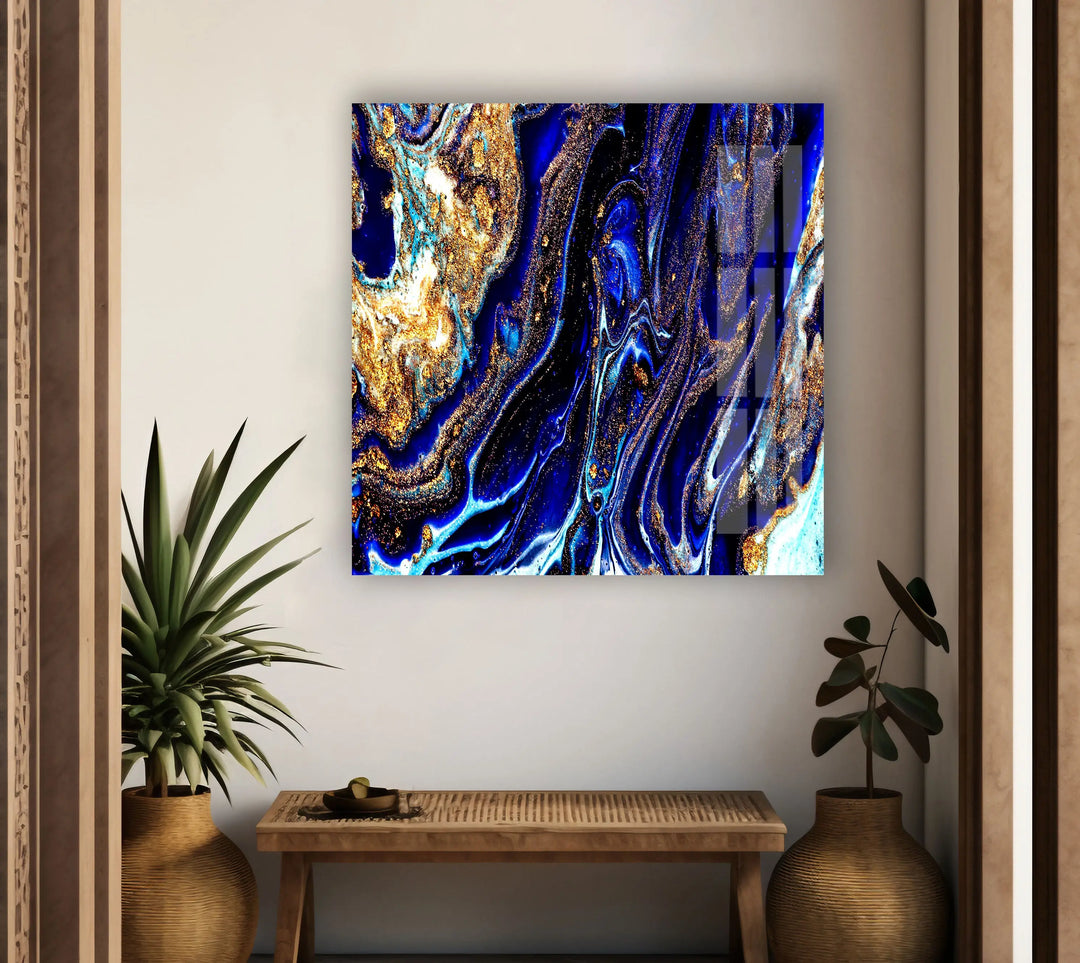 Blue with Gold Sparkles Abstract Glass Wall Art glass photo prints, glass picture prints