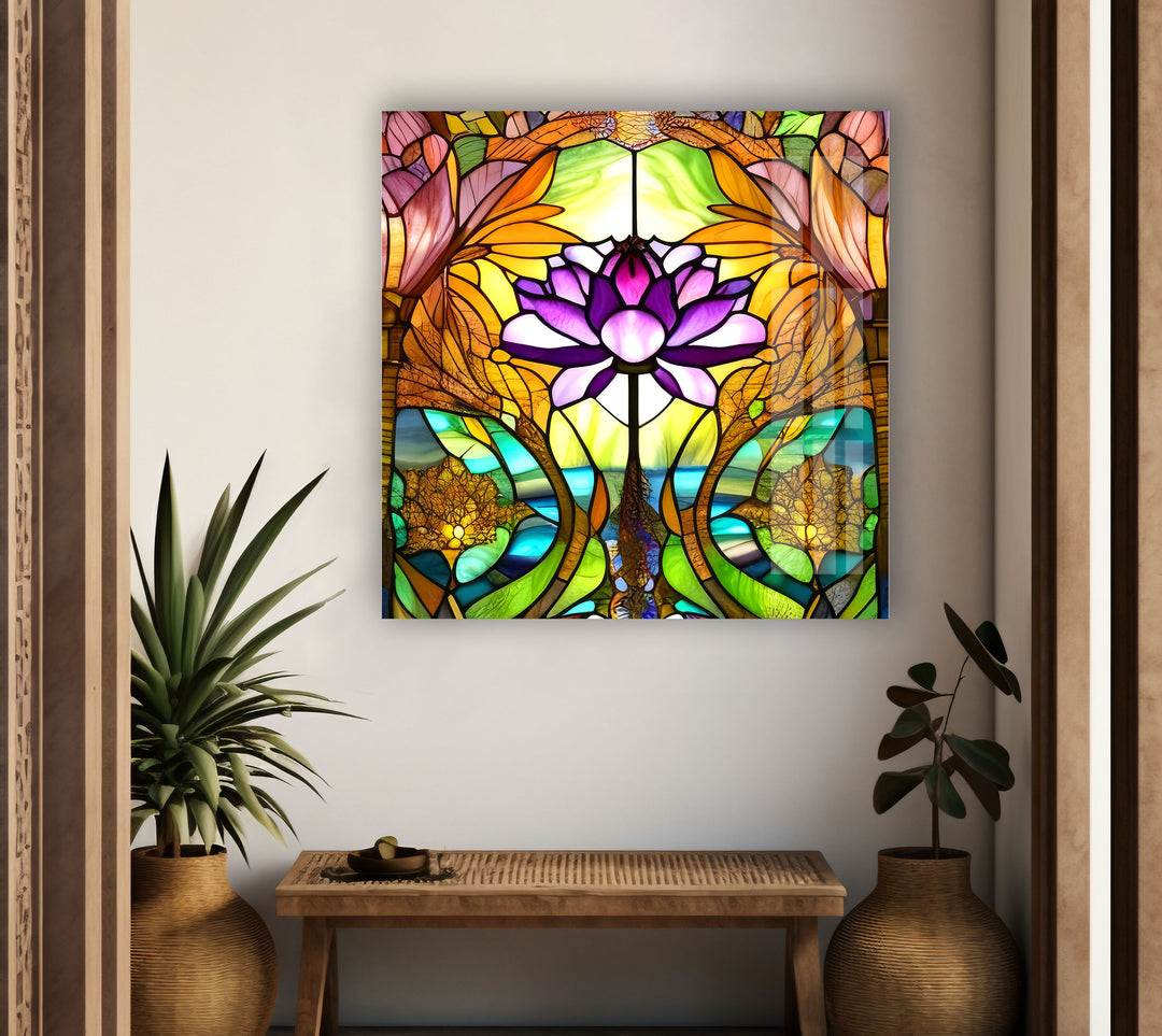 Stained Glass Lotus Flower Glass Wall Art, photo print on glass, prints on glass wall art