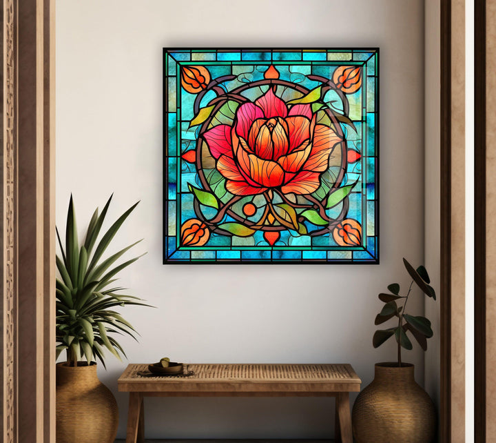 Red Floral Stained Glass Wall Art large glass photo prints, glass wall photos