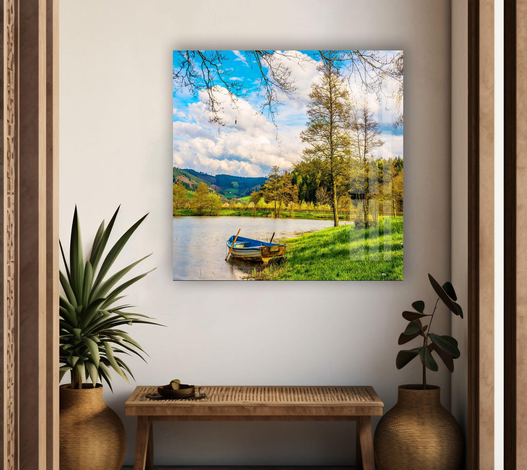 Lake Landscape With Boat Glass Wall Art Glass Printing Wall Art, Print photos on glass