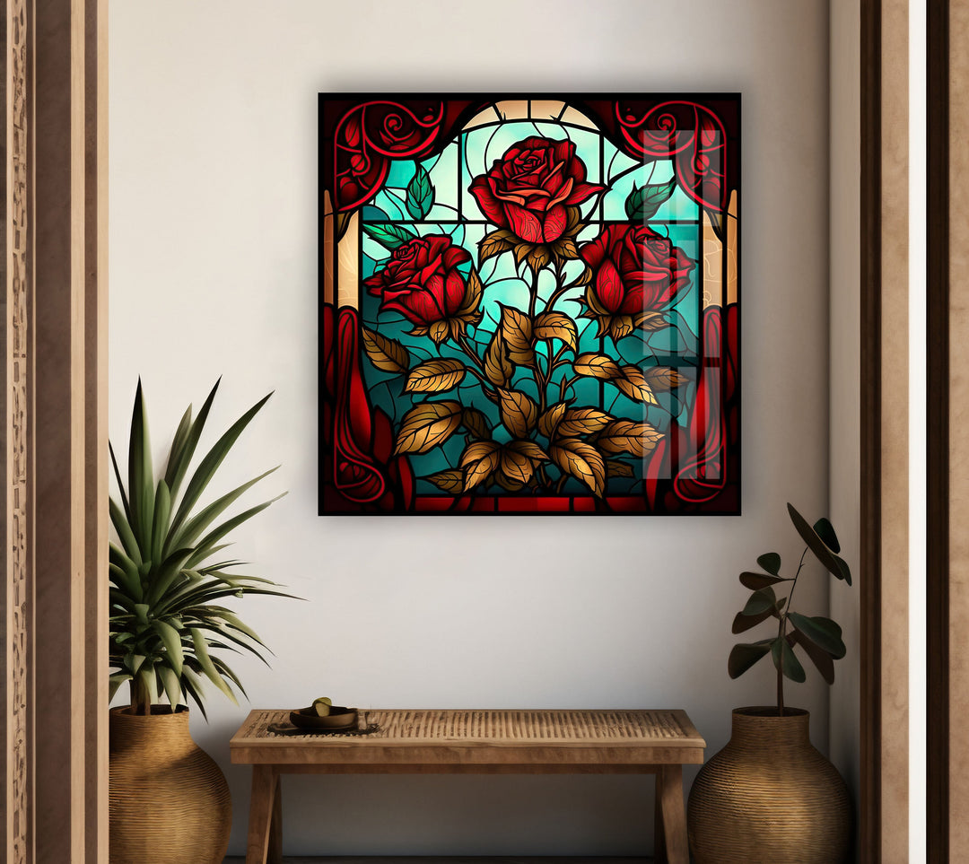 Stained Red Roses Glass Wall Art, photo print on glass, prints on glass wall art