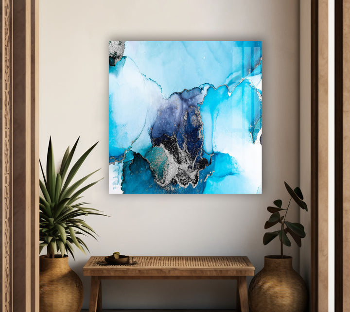 Blue with Silver Alcohol ink Glass Wall Art