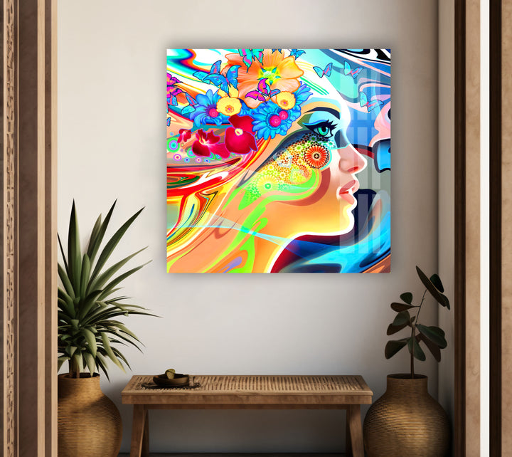 Woman Face with Butterfly Glass Wall Art, glass photo prints, glass picture prints