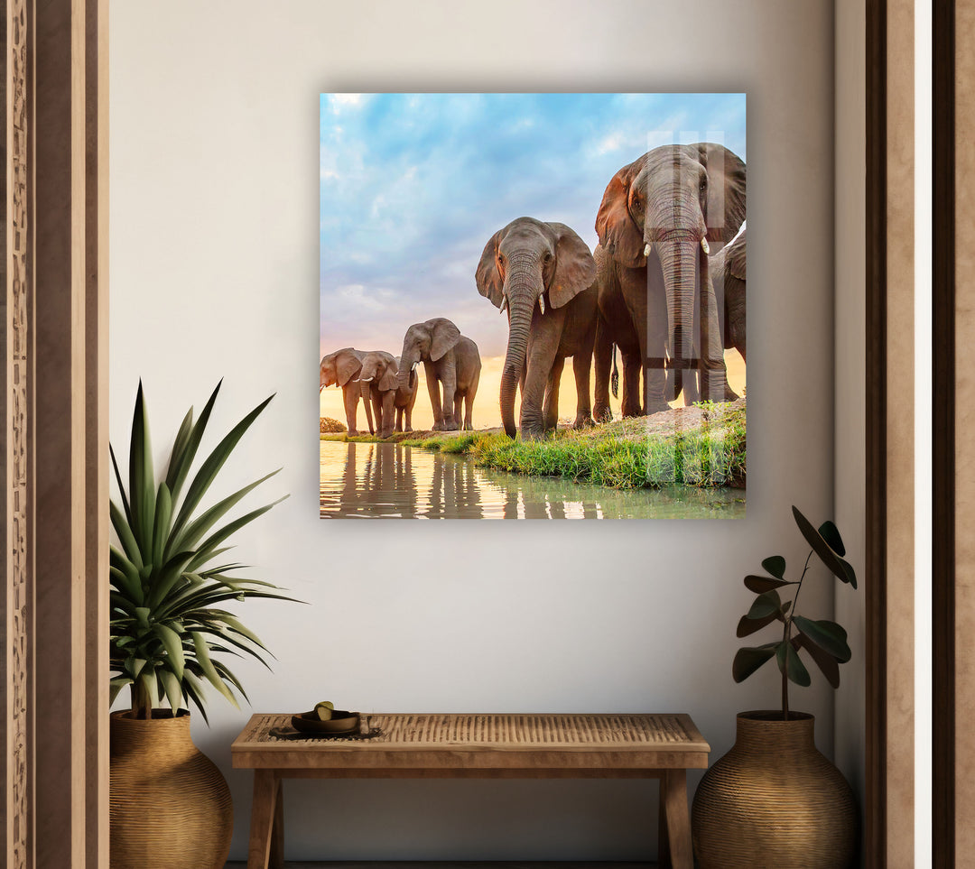 Safari Elephant Group Glass Wall Art picture on glass wall art, photos printed on glass