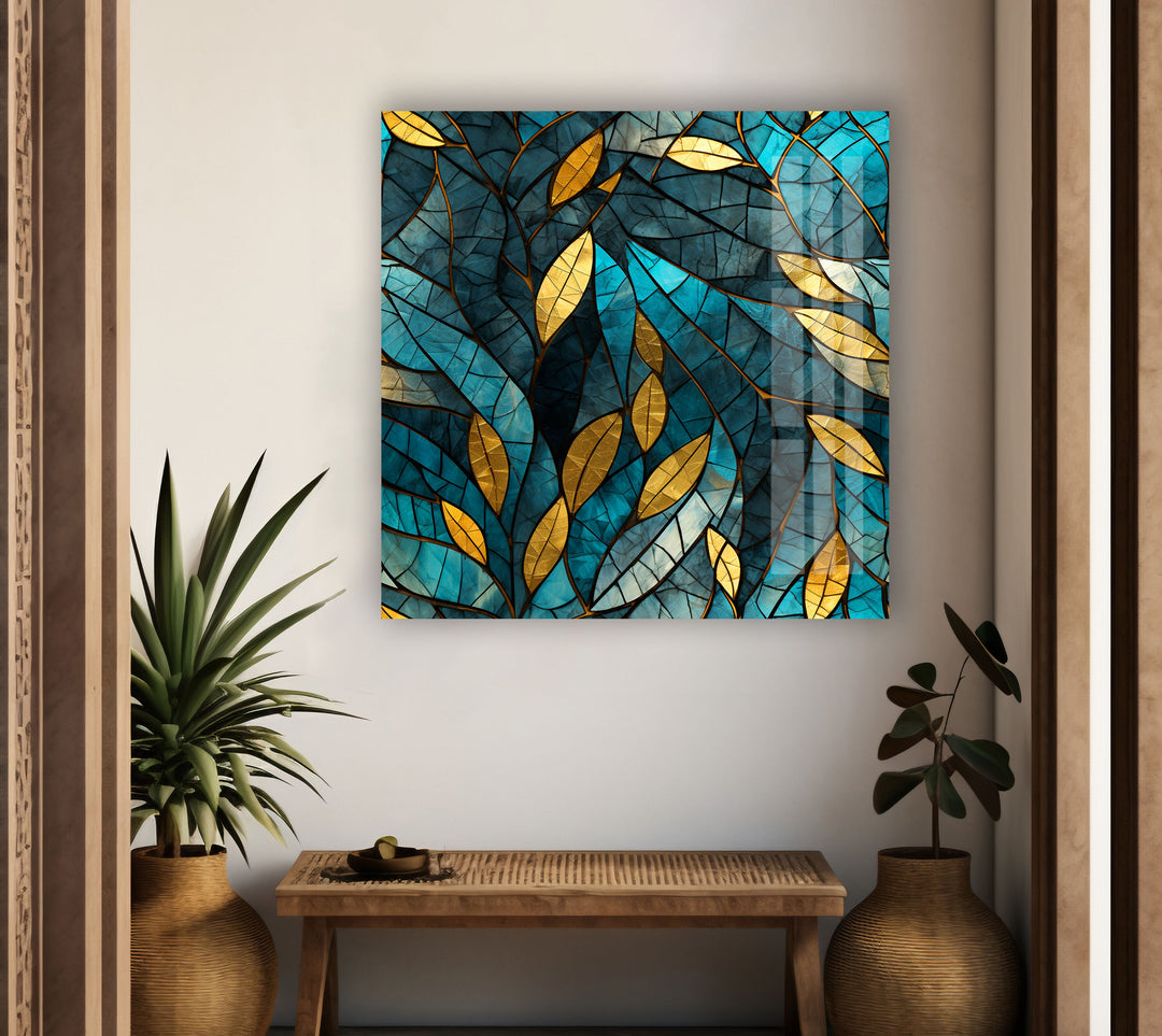 Blue & Gold Leaves Glass Wall Art art glass wall art, glass wall art pictures