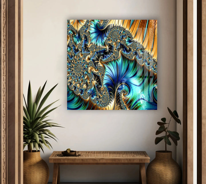 Blue Golden Fractal Glass Wall Art, stained glass wall art, stained glass wall decor