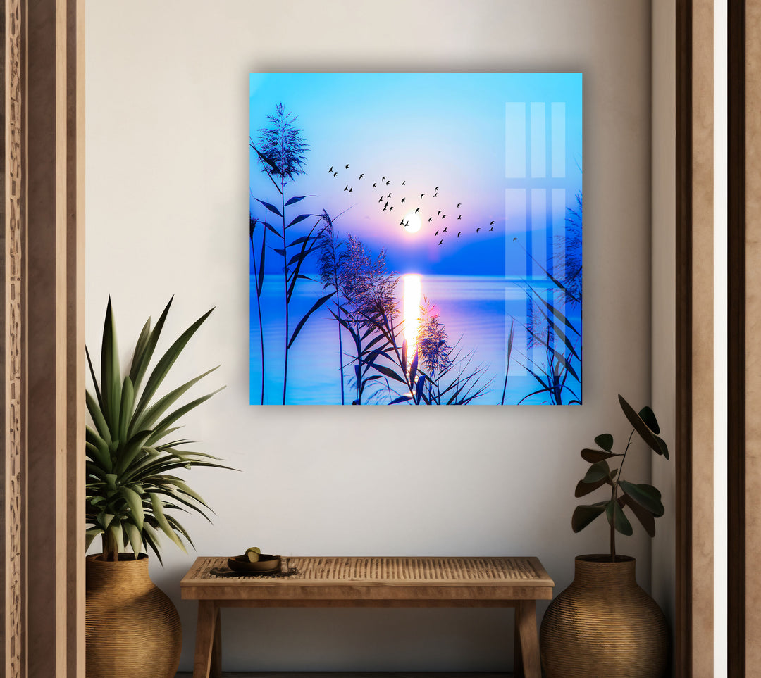 Blue Sunrise On Lake Glass Wall Art custom glass pictures, glass art prints