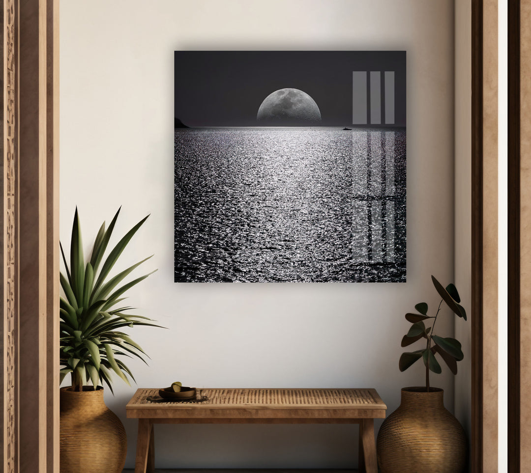 Black & White Moon Ocean Glass Wall Art glass art painting, glass art for the Wall