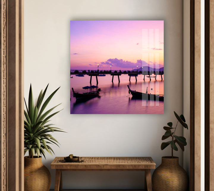 Pink Lake & Boats Glass Wall Art glass photo prints, glass picture prints