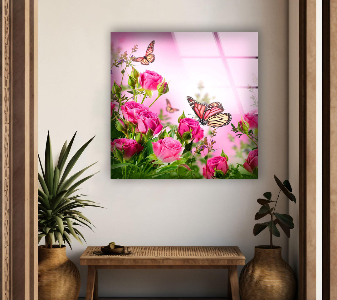 Pink Rose Butterfly Glass Wall Art, glass photo prints, glass picture prints