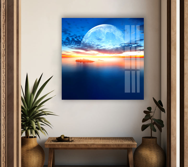 Sunset at Sea With Moon Glass Wall Art print on glass, glass printed photos