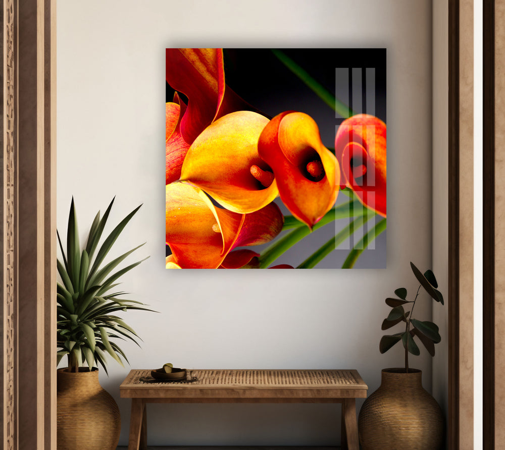 Orange Calla Lilies Glass Wall Art, glass wall decor, glass wall art decor