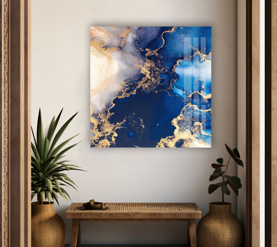 Blue & Gold Marble Design Glass Wall Art glass art painting, glass art for the Wall