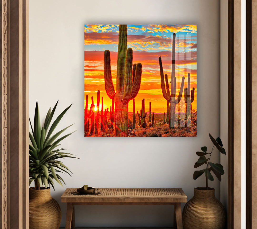 Desert Sunset With Saguaros Glass Wall Art