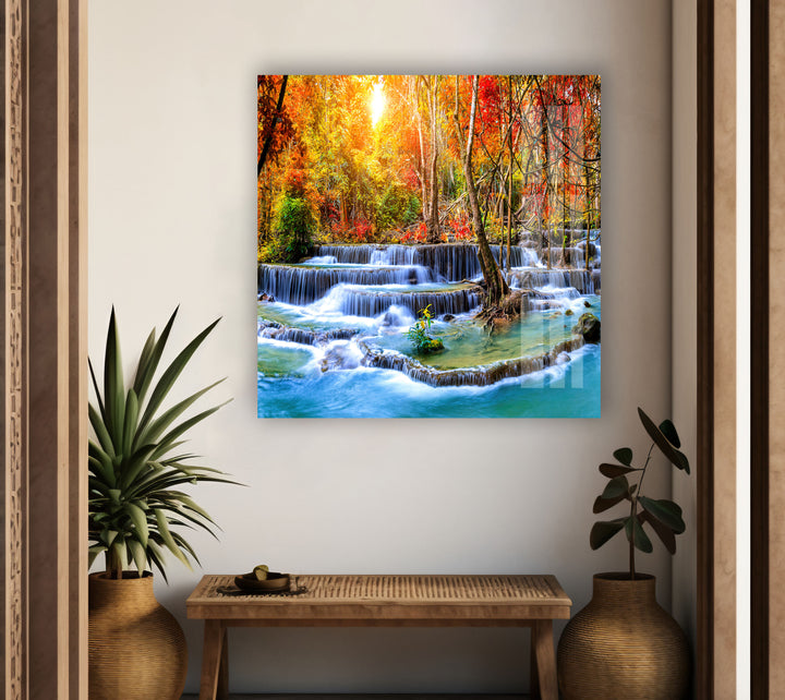 Waterfall in Autumn Forest Glass Wall Art