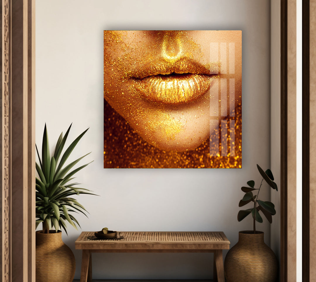 Gold Lips Black Woman Tempered Glass Wall Art - MyPhotoStation