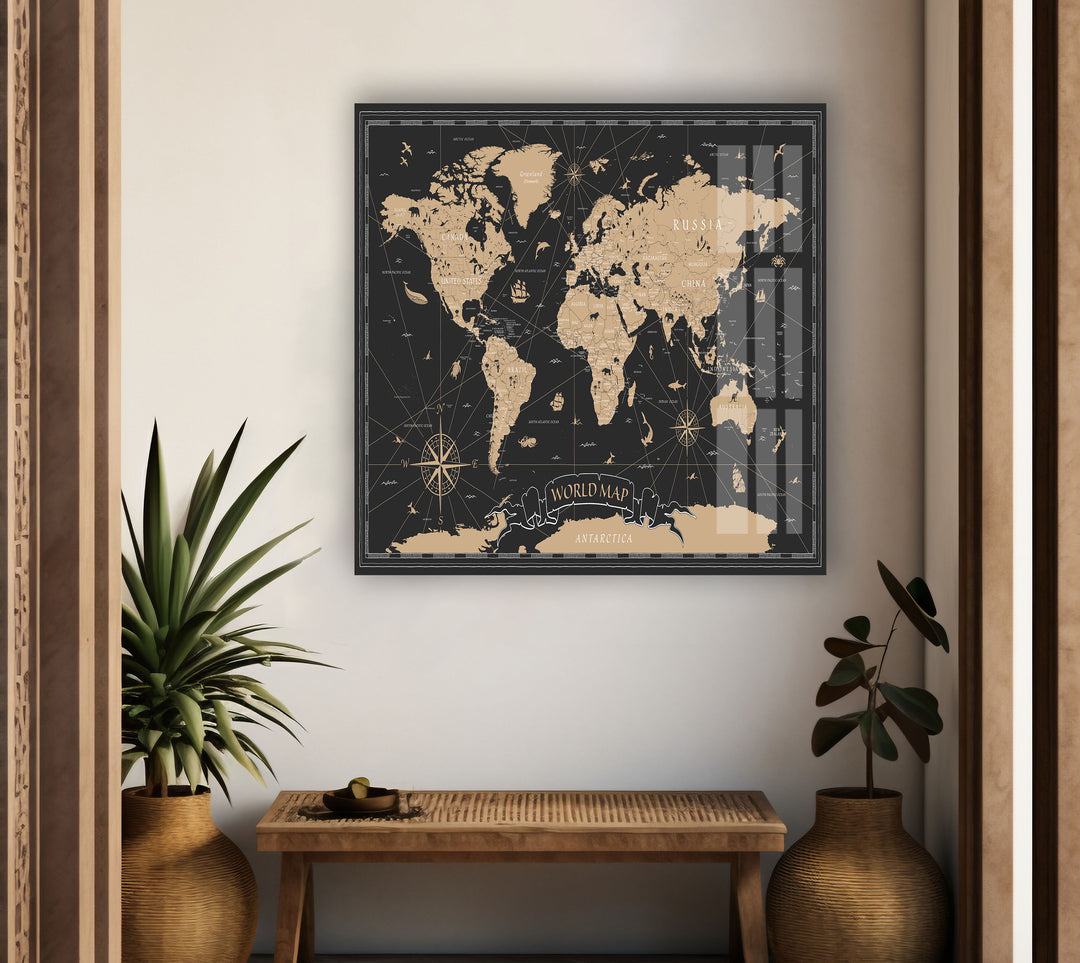 Brown World Map Cool Glass Art & Glass Wall Pictures