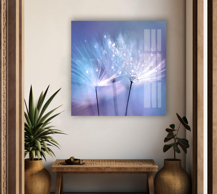 Dandelion Blue Sparkling Drops Glass Wall Art, glass pictures for Wall, glass prints wall art