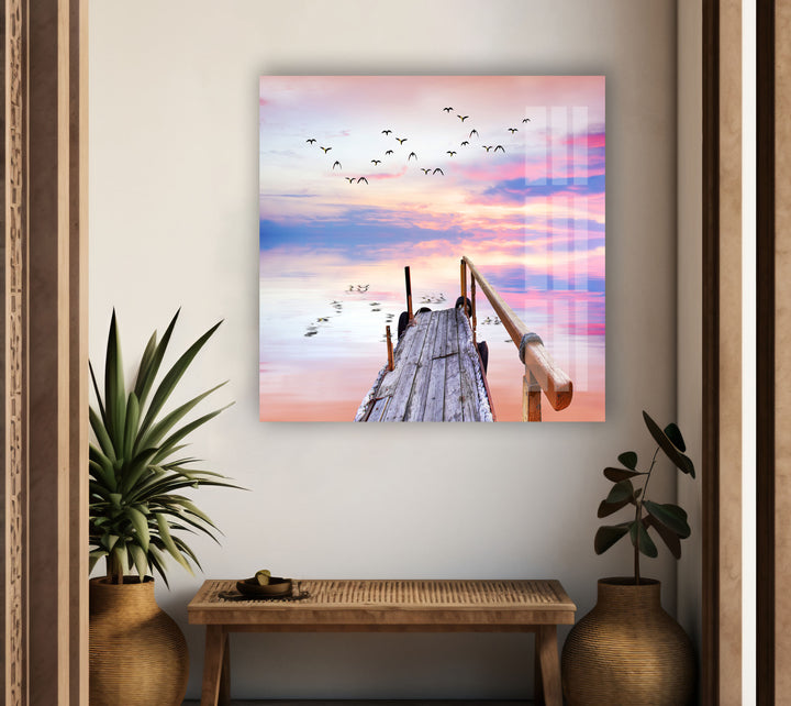 Ocean Sunrise With Pier Glass Wall Art glass art painting, glass art for the Wall