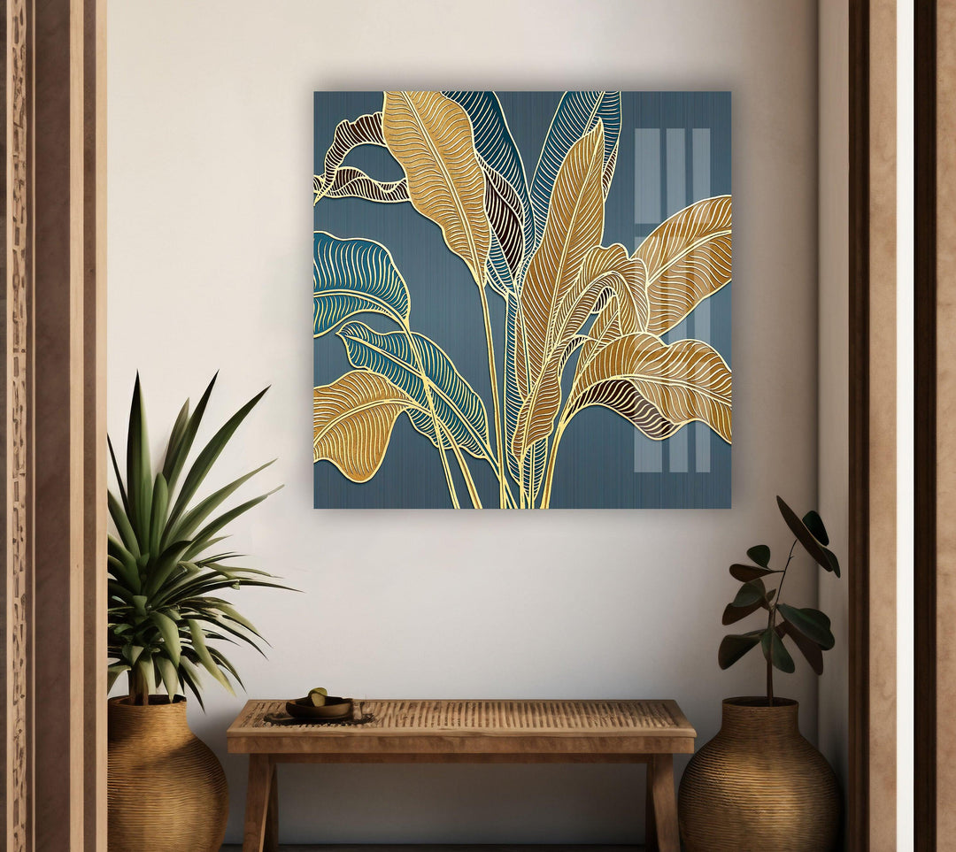 Golden Banana Leafs Glass Wall Art, Glass Printing Wall Art, Print photos on glass