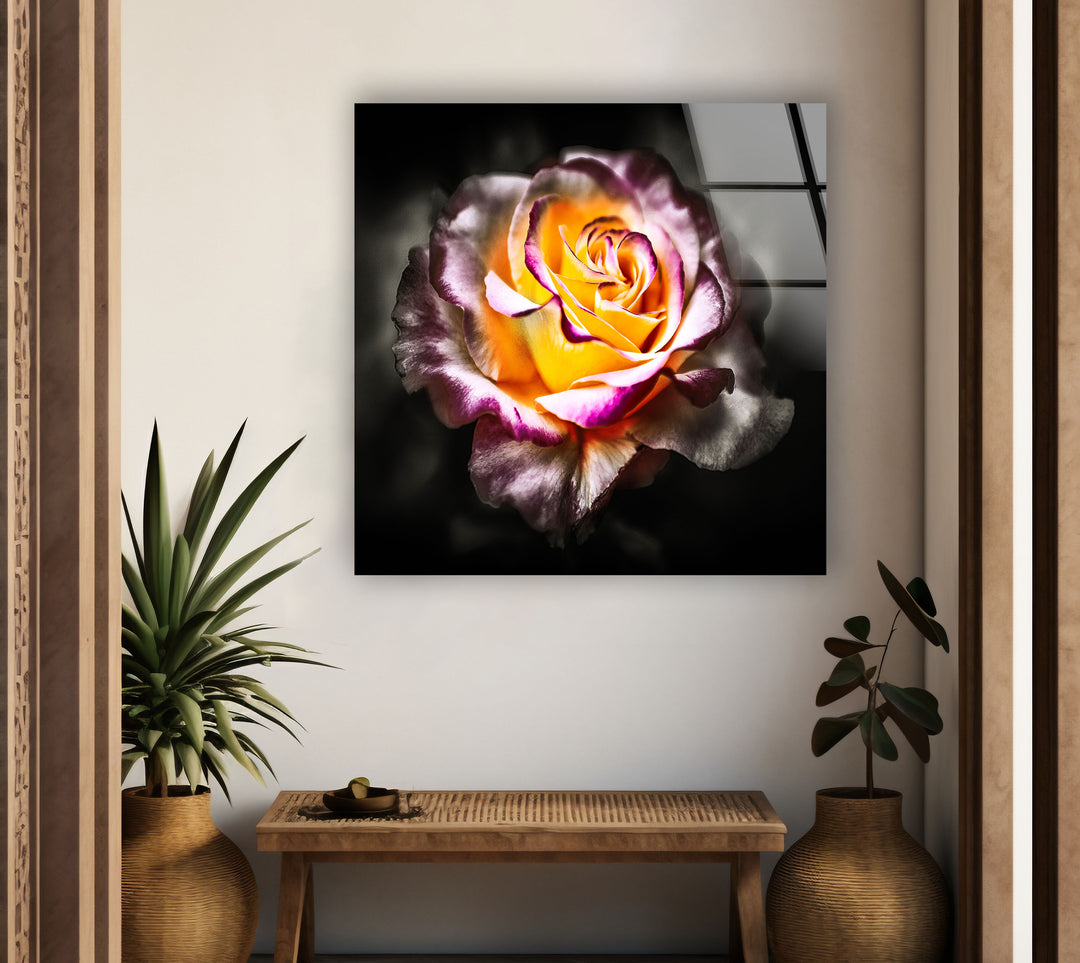 Yellow & Red Rose Glass Wall Art, photo print on glass, prints on glass wall art