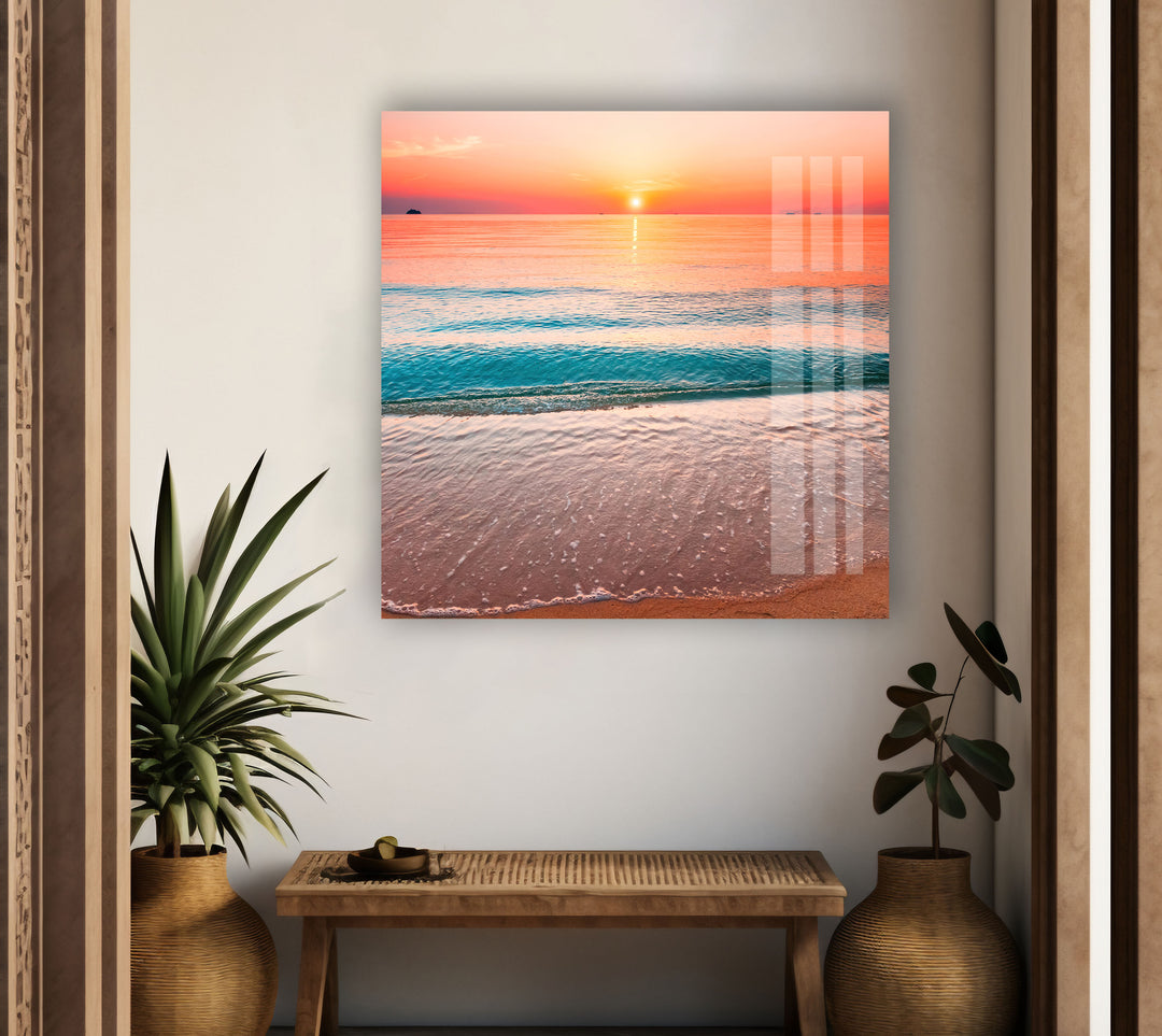 Calm Sea With Sunset Glass Wall Art