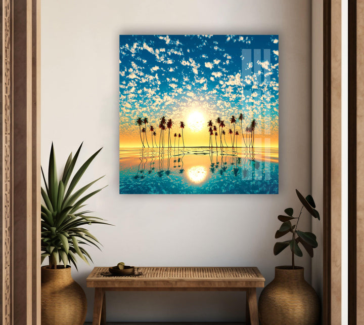 Tropical Palm Tree at Sunset Glass Wall Art