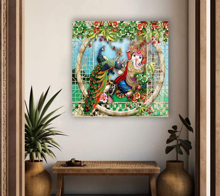 Peacock & Ganesha Glass Wall Art picture on glass wall art, photos printed on glass