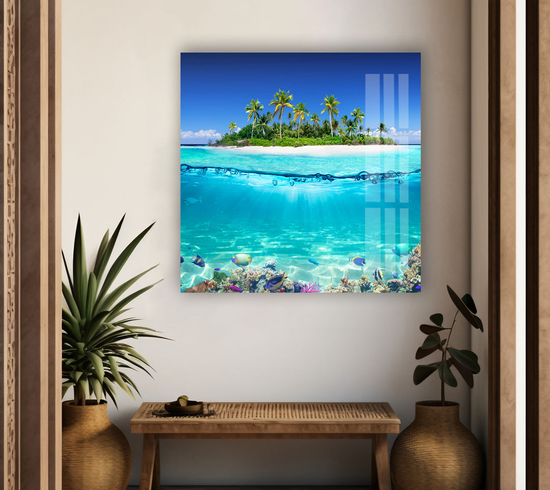 Tropical Island & Fishes Glass Wall Art