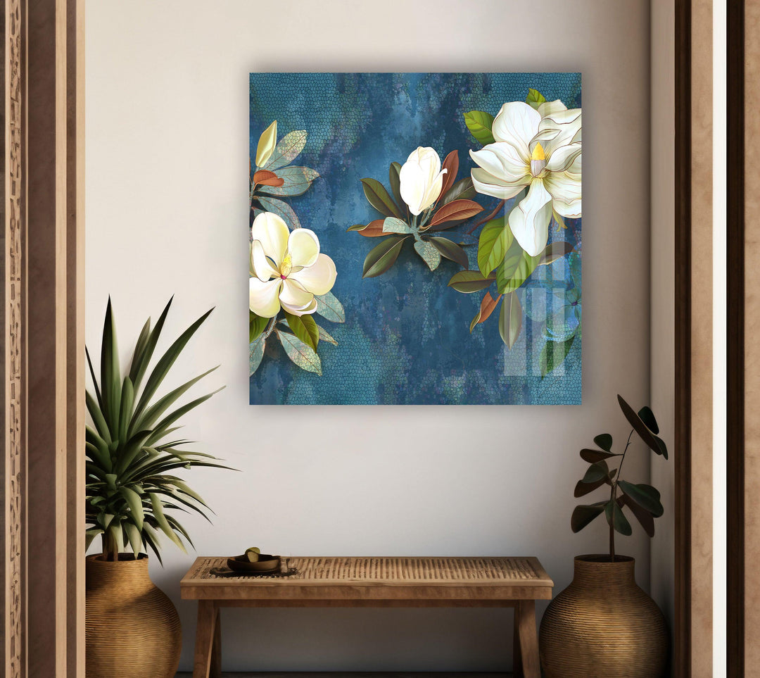 Painted White Magnolia Glass Wall Art,  glass pictures for Wall, glass prints wall art