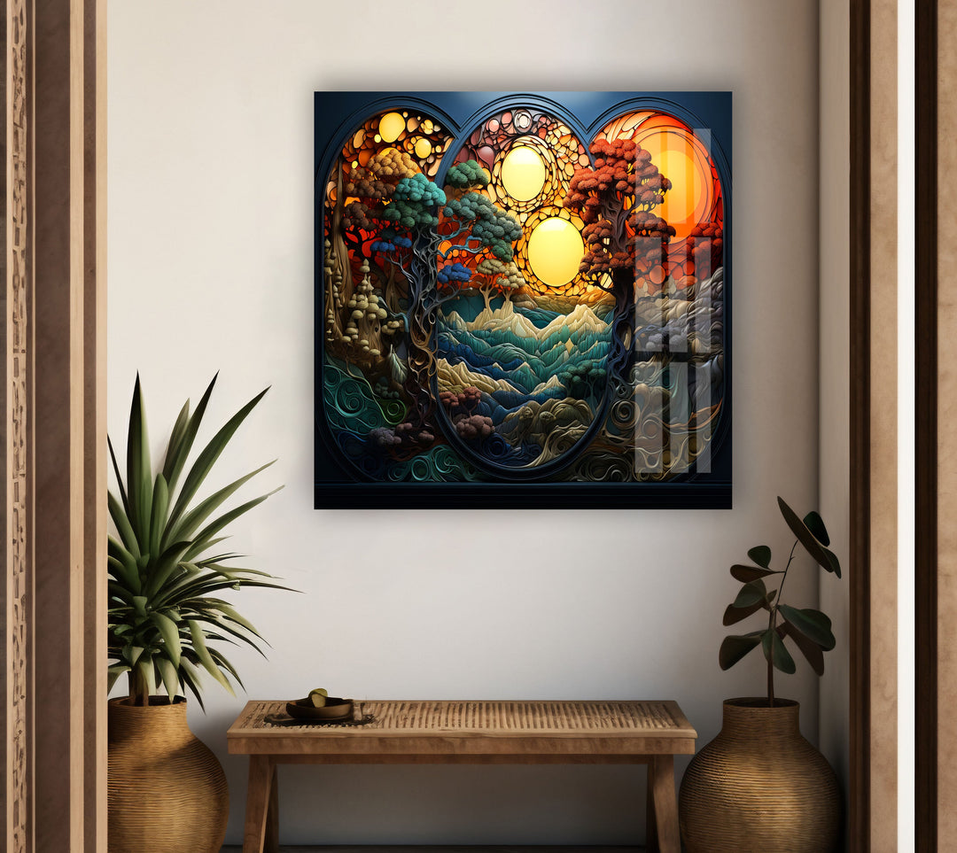 Stained Nature Sunset Glass Wall Art glass pictures for Wall, glass prints wall art