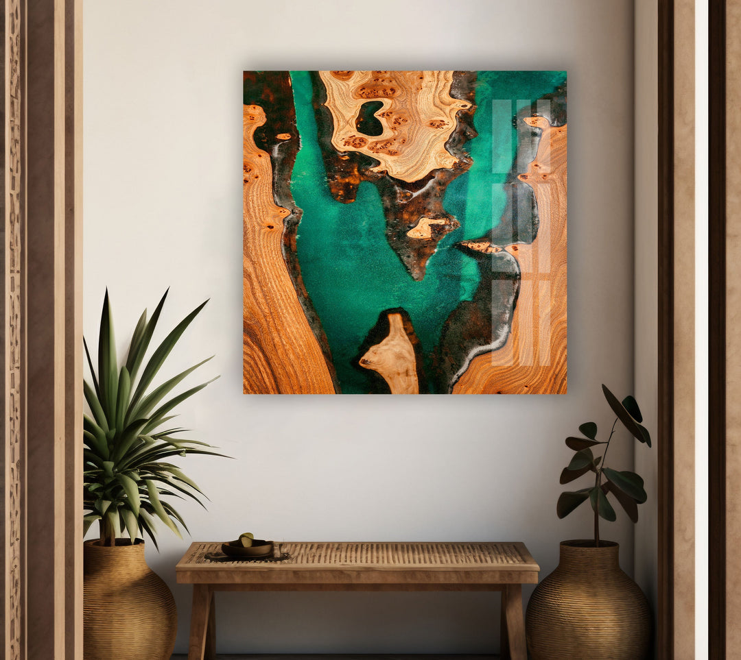 Wooden Green Epoxy Abstract Glass Wall Art