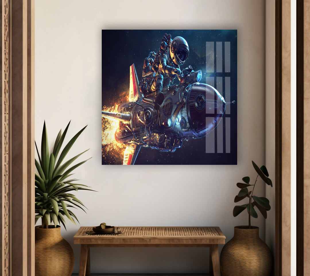 Astronaut On Rocket Glass Wall Art, photo print on glass, prints on glass wall art