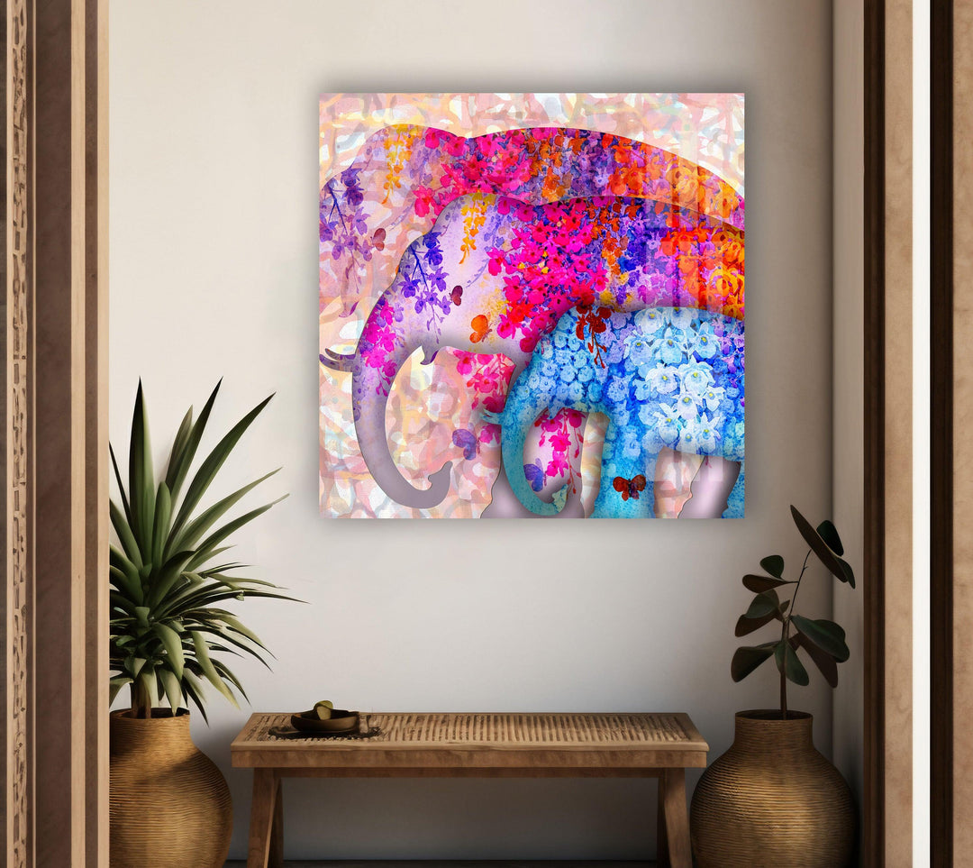 Colorful Elephants Glass Wall Art custom glass photo prints, large glass prints