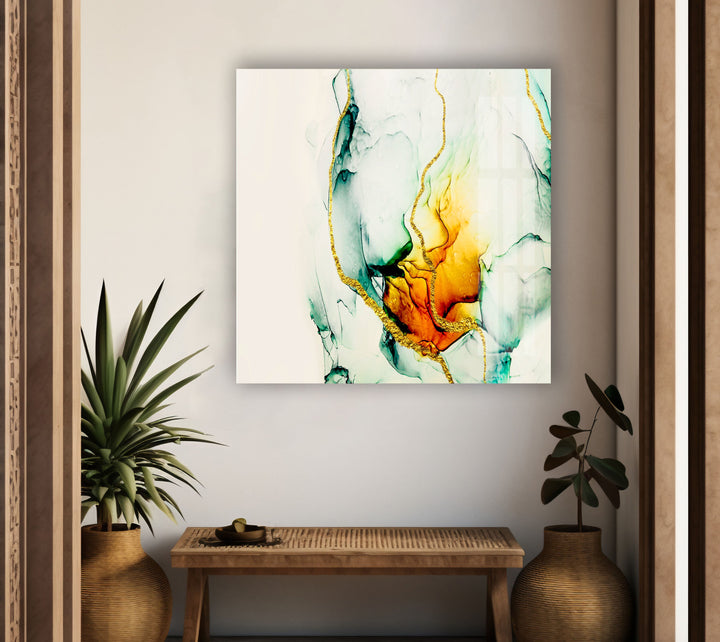 Green and Orange Abstract Glass Wall Art ready to hang