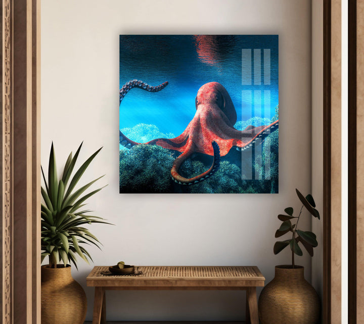 Octopus Under Water Glass Wall Art glass art painting, glass art for the Wall