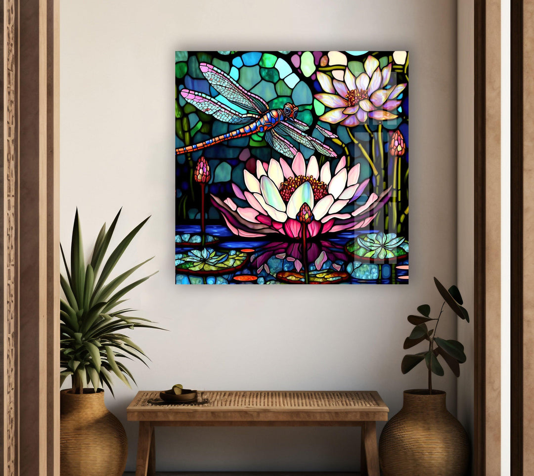 Stained Glass Dragonfly With Flower Glass Wall Art, glass pictures for Wall, glass prints wall art