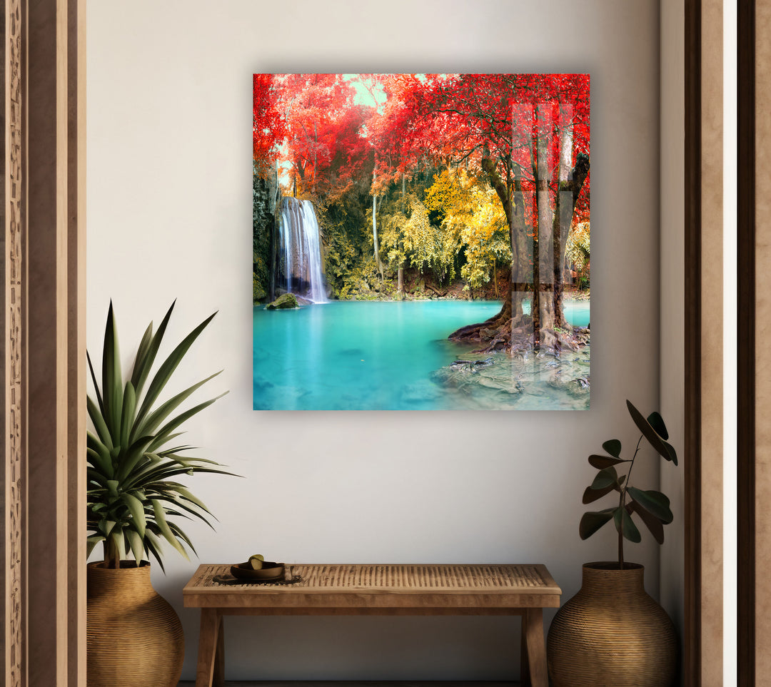 Waterfall in Autumn Forest Glass Wall Art  art glass wall art, glass wall art pictures