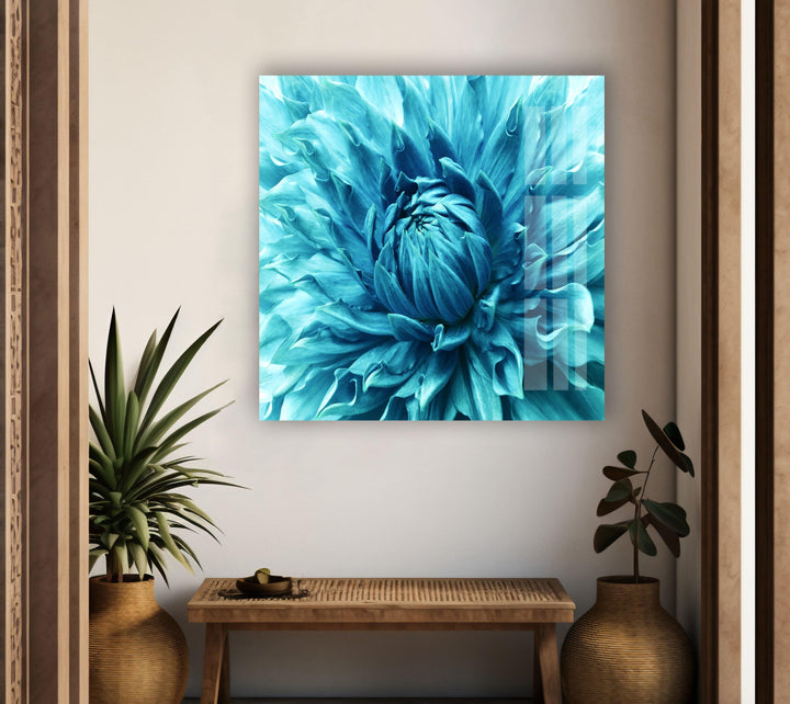 Dahlia Turquoise Flower Glass Wall Art, art glass wall art, glass wall art pictures