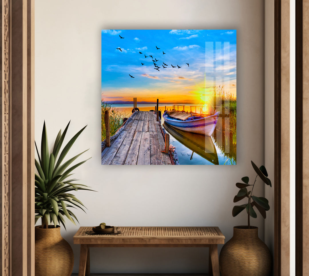 Lake Under Sunset Pier Glass Wall Art