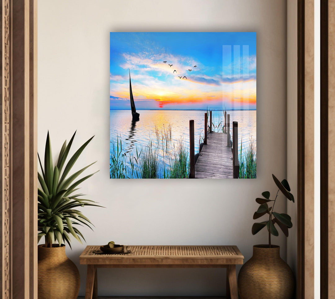 Sunset Birds Pier Glass Wall Art print picture on glass, Tempered Glass Wall Art