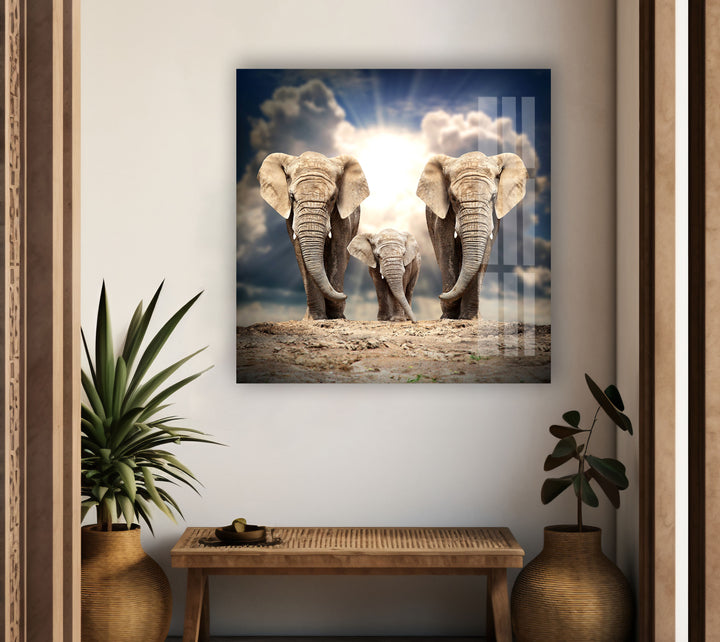 Safari Elephant Family Glass Wall Art glass art painting, glass art for the Wall