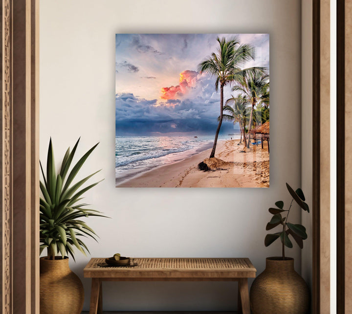 Tropical Beach With Palm Tree Glass Wall Art