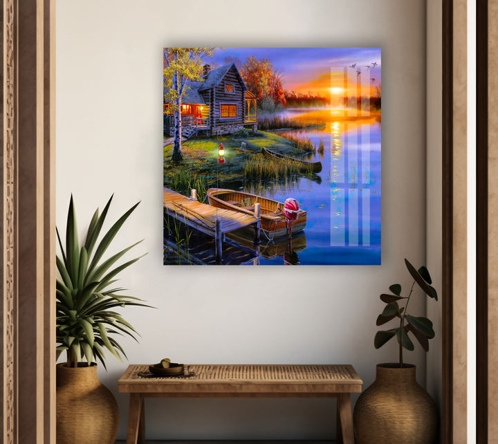 Sunset Lake House Glass Wall Art glass pictures for Wall, glass prints wall art