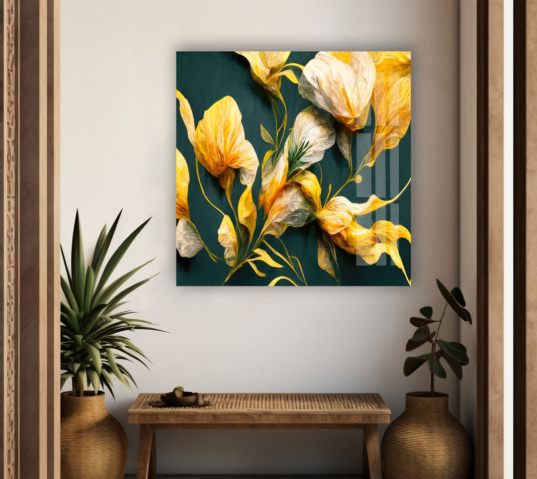 Golden Buds And Green Leaves Glass Wall Art, photo print on glass, prints on glass wall art