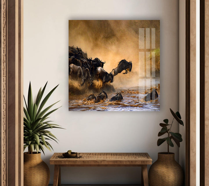 Wildebeests Running on Safari Glass Wall Art large glass photo prints, glass wall photos