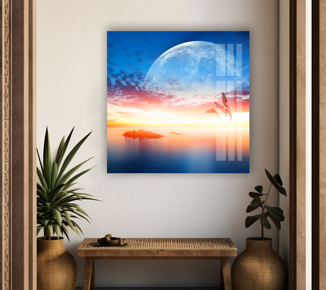 Sunset With Dolphins & Moon Glass Wall Art large glass photo prints, glass wall photos