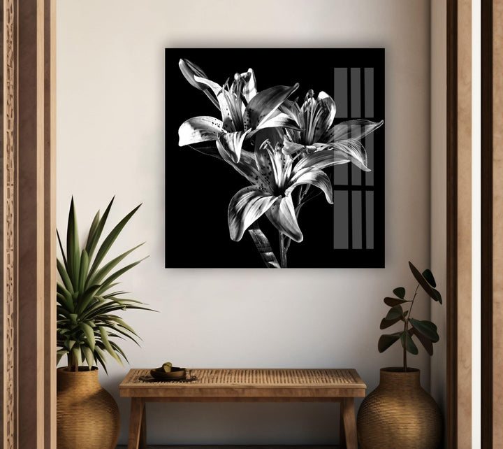 Black Xray Lily Flower Glass Wall Art, custom glass pictures, glass art prints
